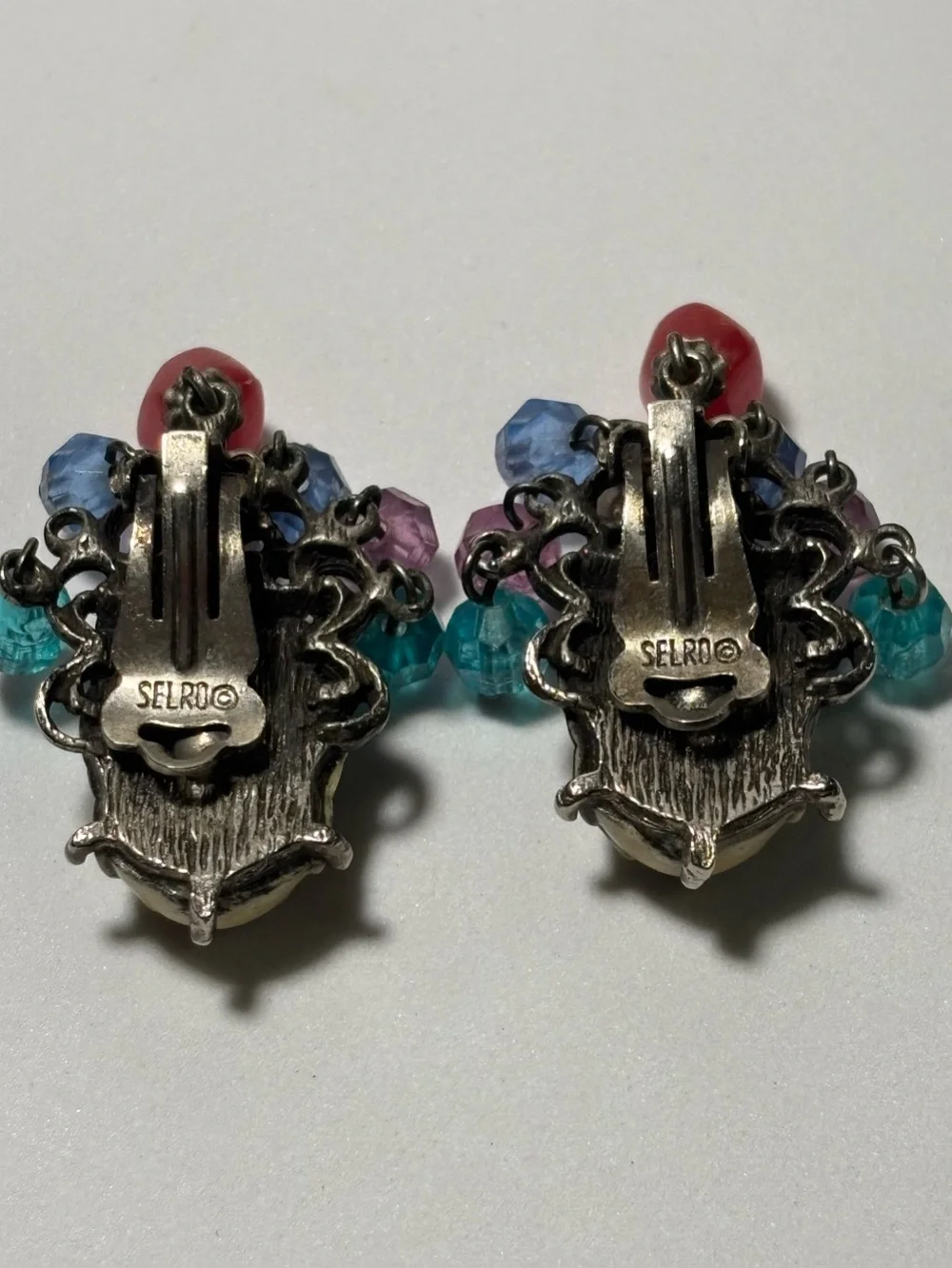 Signed Selro Asian Princess Face Clip Earrings Dangle 1.5” Vintage - Picture 5 of 8